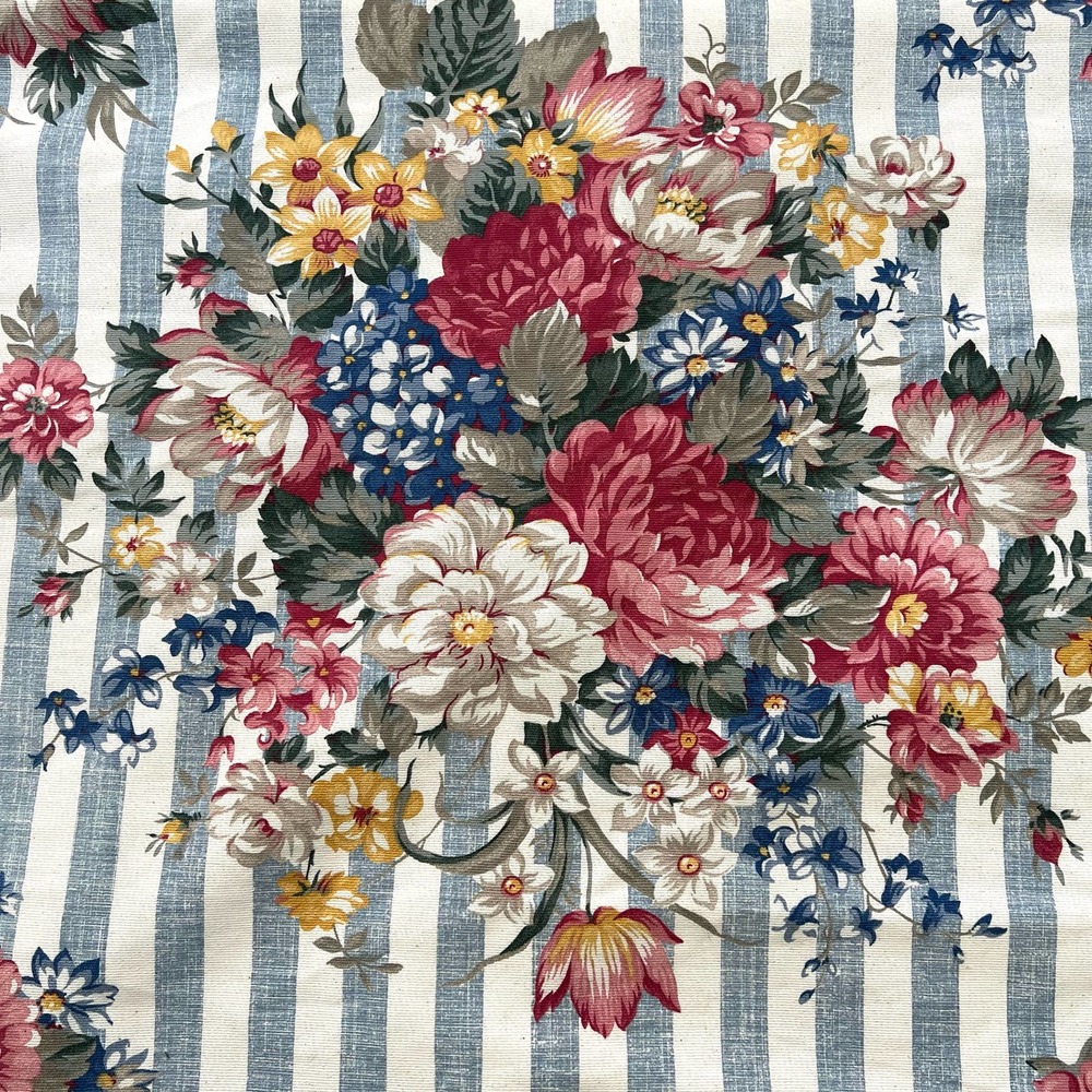 Ralph Lauren Heavy Fabric Floral Bouquet Blue Stripe Craft Upholstery - one yard